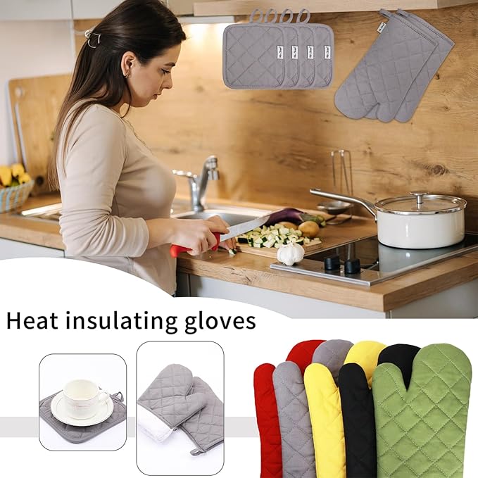 Oven Mitts and Pot Holders Sets,6 Pcs Oven Mitts and Potholders with Recycled Cotton High Heat Resistant Extra Thick Long Oven Mitts for Cooking(Gray) - Image 7