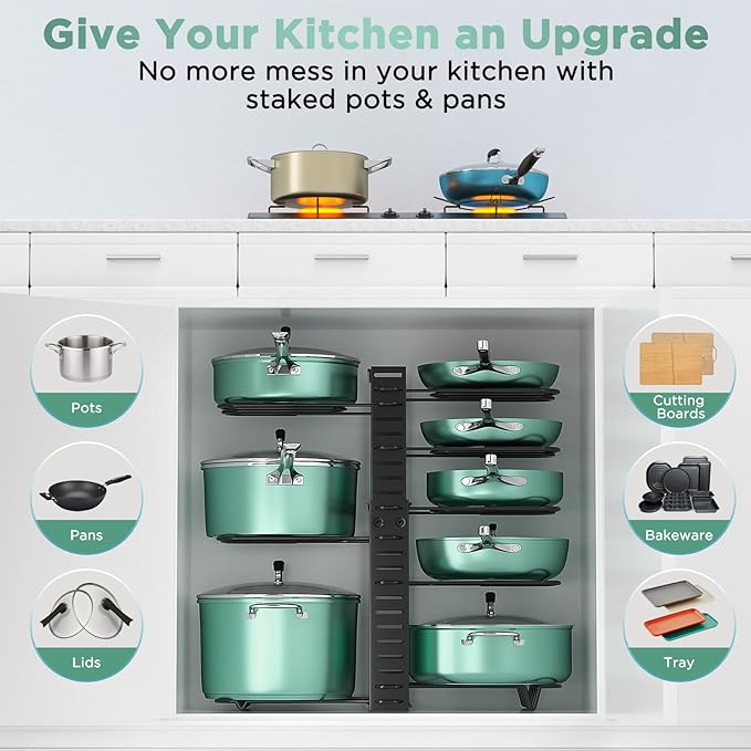 ORDORA Pots and Pans Organizer under Cabinet, 8 Tier Pot Organizers Rack Expandable 11.65" to 19.02" Height with 3 DIY Methods, Adjustable Pan Organizer inside Cabinet Kitchen Storage Organization - Image 8