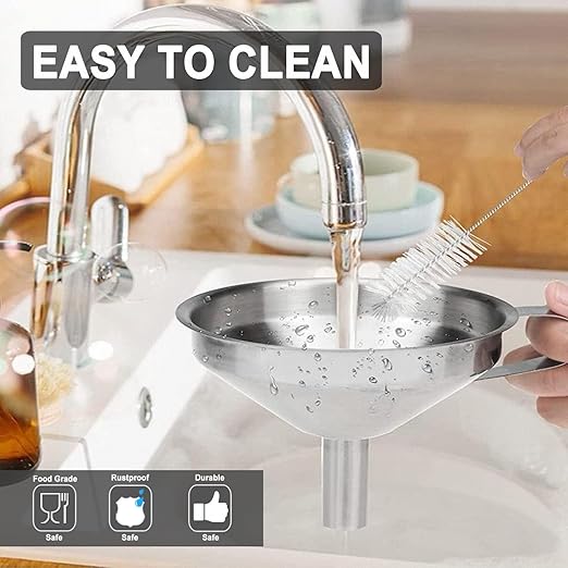 Stainless Steel Funnels for Kitchen use,3PCS Large Kitchen Metal Funnel with 2 Removable Strainer,Cleaning Brush,200 Mesh Food Filter,Funnel for Filling Bottles,for Transferring of Liquid,Oils,Jam