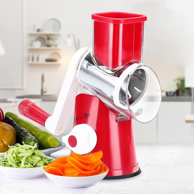 Cambom Rotary Cheese Grater Hand Crank Cheese Shredder for Fresh Cheese, Vegetable, Nuts,Non-slip Suction Base, Free Cleaning Brush Three Blades, Red - Image 9