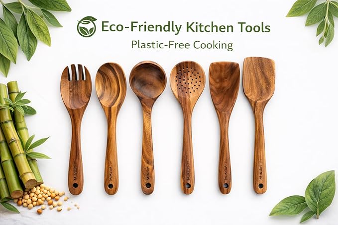 Teak Wood Kitchen Utensils Set – 6 Piece, Sustainable Teak Cooking Utensils, Non-Stick Safe, Heat Resistant Wooden Spoons & Spatulas