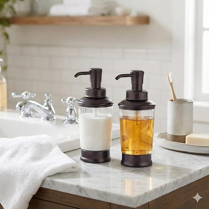 Vintage Style Soap Dispenser Bottles, 16oz Refillable Pump Bottles (2 Pack), Bronze Color with Clear Jar, Retro Bathroom or Kitchen Soap Dispenser for Lotion, Shampoo, Conditioner (Bronze-2pcs) - Image 4