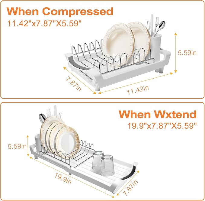 Dish Drying Rack Compact Expandable - A Space-Saving, Stainless Steel, Rust-Resistant Dish Drainer for Kitchen and Apartment Countertops/Sink Cabinets, Extendable from 11.42 to 19.9 inches (White) - Image 6
