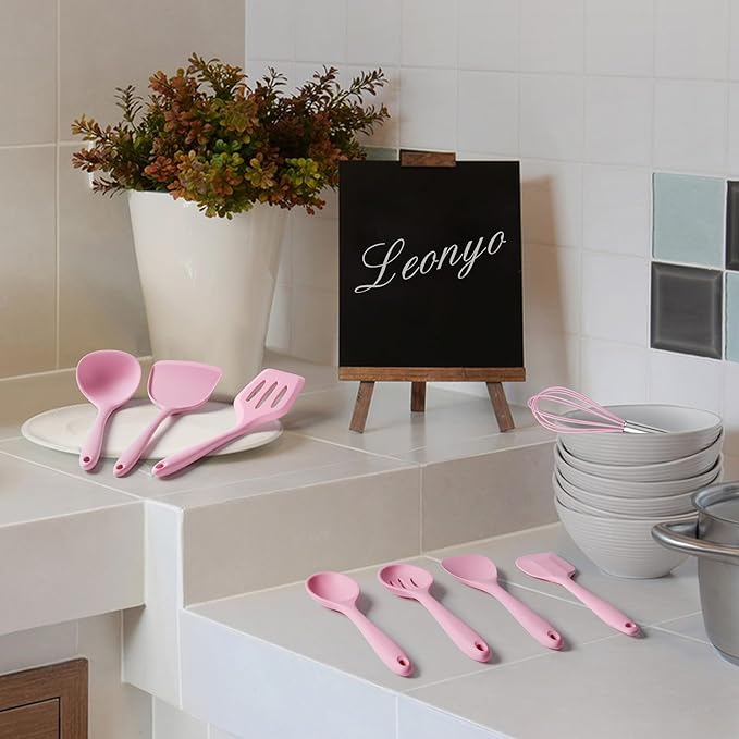 Silicone Cooking Utensils Set of 10, Leonyo Black Kitchen Utensils Set for Cooking, 446°F Heat Resistant Silicone Kitchen Tools with Turner Spatula, Soup Ladle, Spoons for Nonstick Cookware, Pink