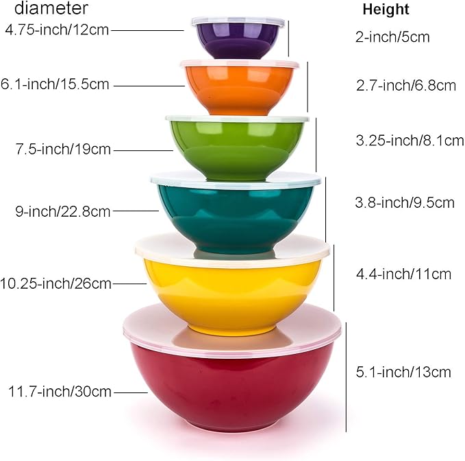 KX-WARE Melamine Mixing Bowls with Lids - 6 Piece Melamine Bowls and 6 Piece Plastic Lids, Multicolor - Image 5