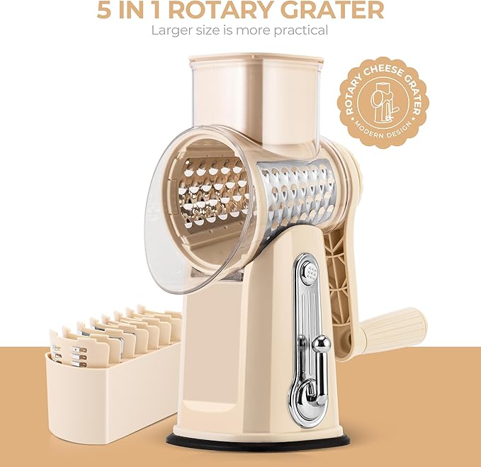 SUSTEAS Rotary Cheese Grater with Handle - Vegetable Shredder with 5 Well-designed Blades & Strong Suction Base,Round Mandoline Slicer & Food Chopper for Kitchen,with Blade Storage Box(Beige) - Image 8