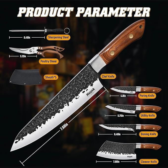 Huusk Butcher Knife Set - Hand Forged Meat Cleaver & Boning Viking Knives & Chef Utility Knives, Japanese Chef Knife Set with Bag for Camping, BBQ, Christmas Gifts for Men Women - Image 7