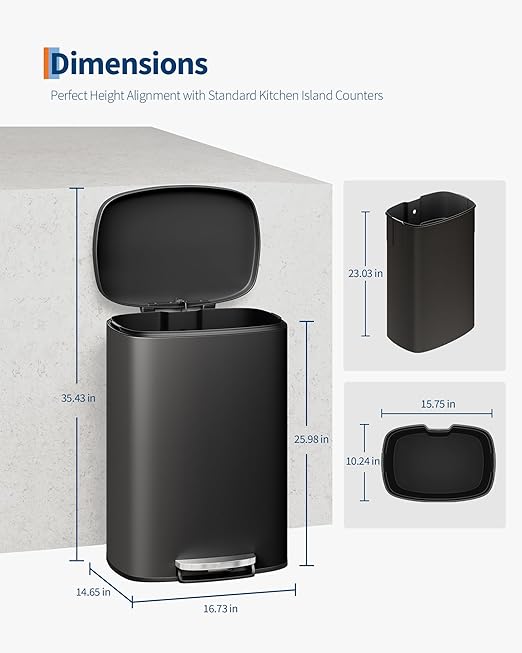 GarveeHome Stainless Steel Kitchen Trash Can, 13 Gal / 50 L Step-On Garbage Bin with Soft Close Lid, Large Rustproof Metal Trash Can for Kitchen, Black - Image 6