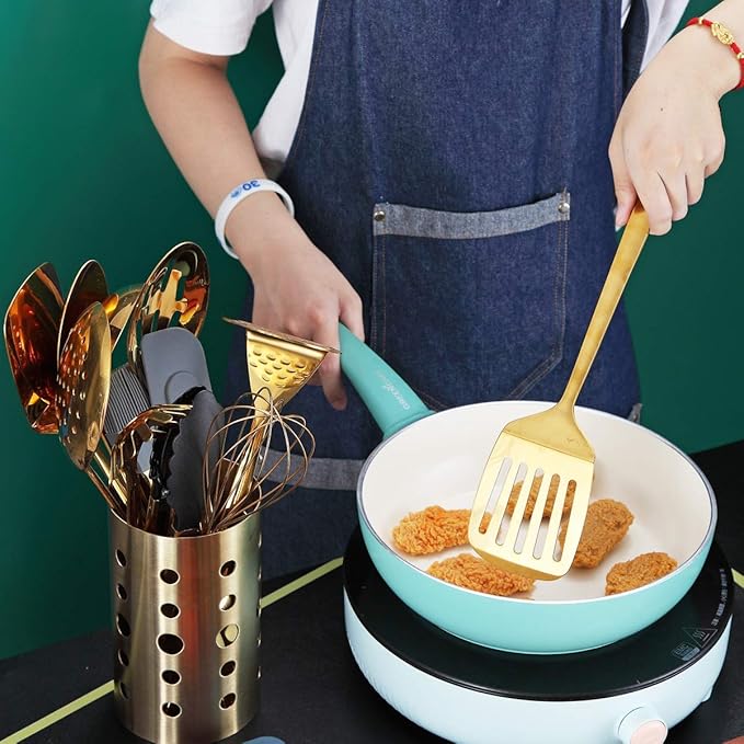 Gold Spatulas, Berglander Slotted Turner Titanium Gold Plating, Metal Turner For Cooking, Kitchen Barbecue Spatulas, Dishwasher Safe, Easy to Clean - Image 8