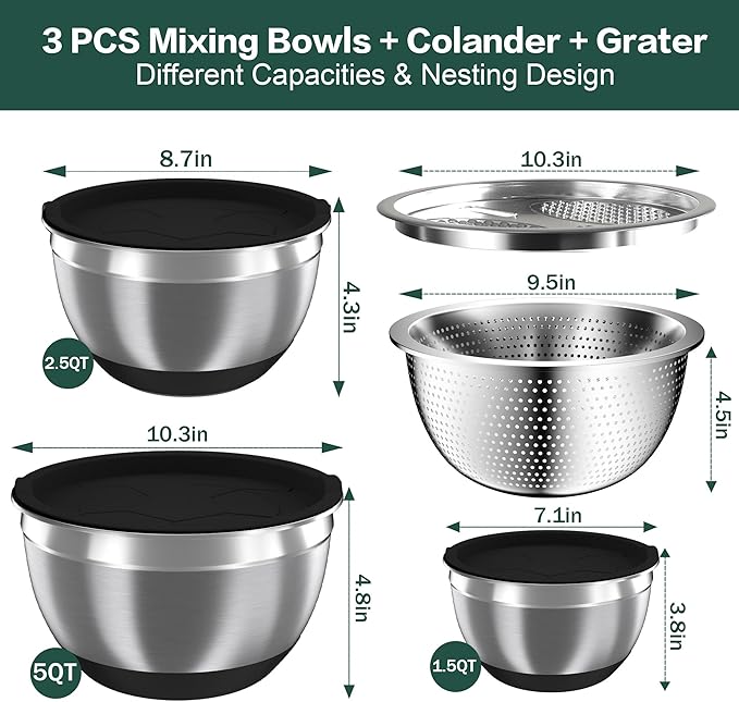 Nicdiet Mixing Bowls with Airtight Lids, Stainless Steel Mixing Bowl Set with 3 Metal Nesting Bowls, Colander & Grater, Non-Slip Bottoms, Size 1.5, 2.5, 5 QT, Great for Mixing & Serving, Black - Image 7