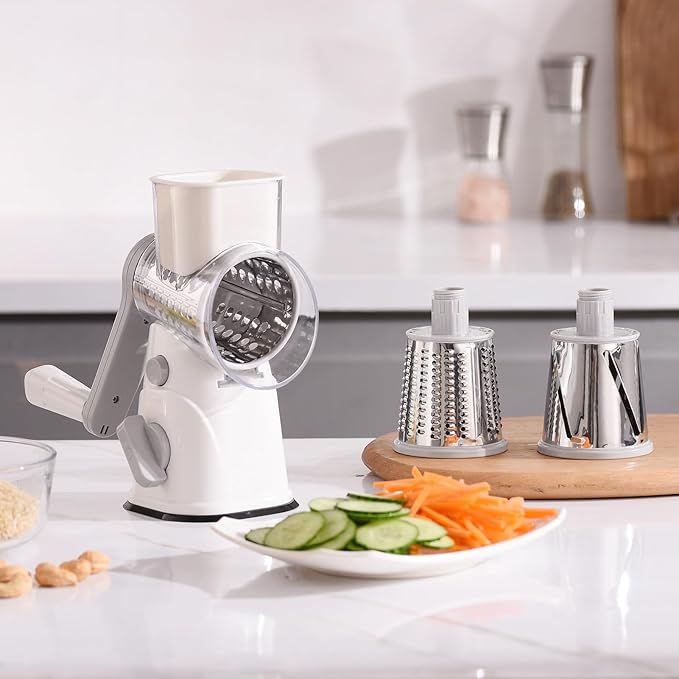 Rotary Cheese Grater Hand Crank, Kitchen Mandolin Vegetable Cheese Shredder with 3 Interchangeable Blades,Easy Clean Rotary Grater with Handle,Kitchen Grater Grinder for Cutting Cheese,Vegetable Nuts - Image 9