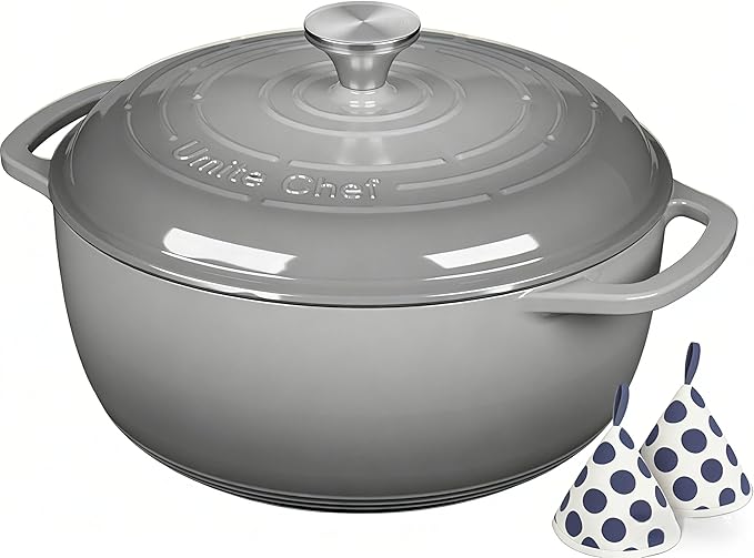 Enameled Cast Iron Dutch Oven - Umite Chef 6QT Pot with Lid & Cotton Potholders - Dual Handles -Versatile Heavy Duty Cookware for Bread Baking,Braising, Stews, Roasting(Grey) - Image 9