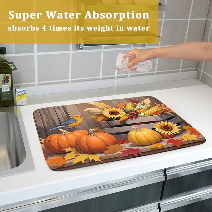 Fall Thanksgiving Dish Drying Mat for Kitchen Counter 18x24 Pumpkin Sunflower Bird Autumn Harvest Theme Absorbent Reversible Microfiber Drying Mats Kitchen Countertop Protector Dishes Drainer Pad - Image 7