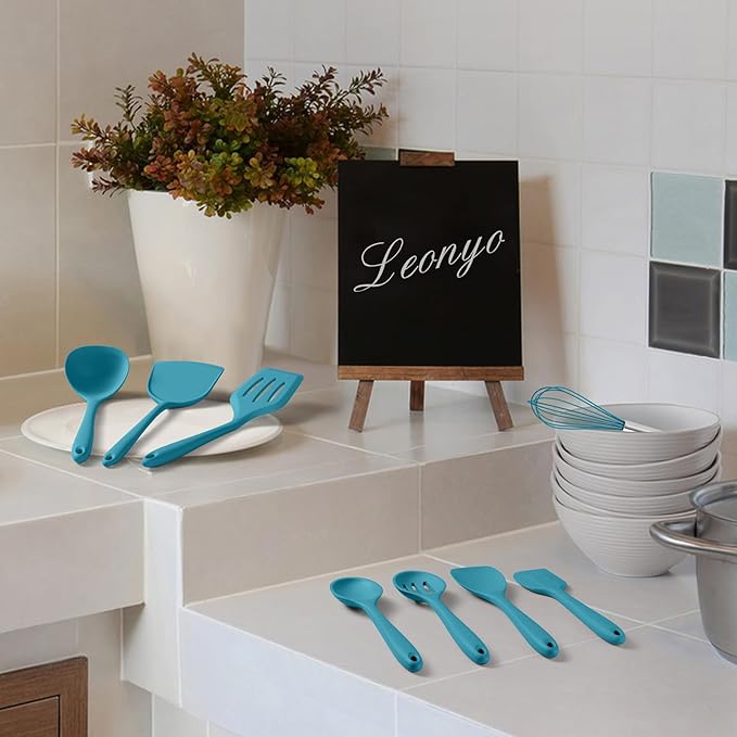 Silicone Cooking Utensils Set of 10, Kitchen Utensils Set for Cooking, 446°F Heat Resistant Silicone Kitchen Tools with Turner Spatula, Soup Ladle, Serving Spoons, Tongs for Nonstick Cookware - Blue