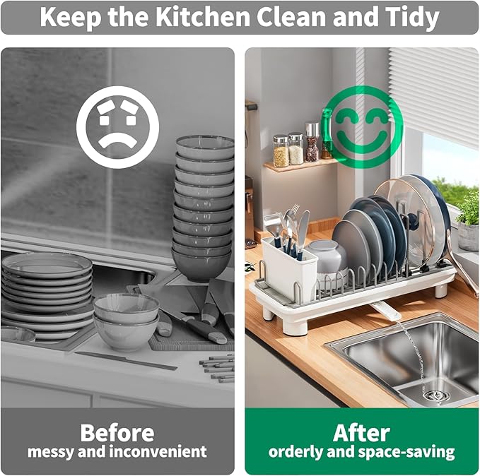 SanDream Small Dish Drying Rack with Removable Utensil Holder & Anti-Scratch Base - Stainless Steel Dish Rack, Dish Drying Rack with Drainage & Space Saving Design for Kitchen Counter, White - Image 6