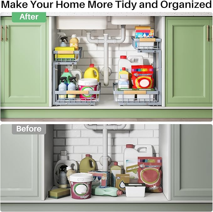 Kitstorack Under Sink Organizer, 2 Tier Under the Sink Storage, Slide out Pull out Cabinet Organizer Shelf, Metal Sliding Drawer for Kitchen Bathroom Pantry Closet Organization Rack, Grey, 2 Pack - Image 8