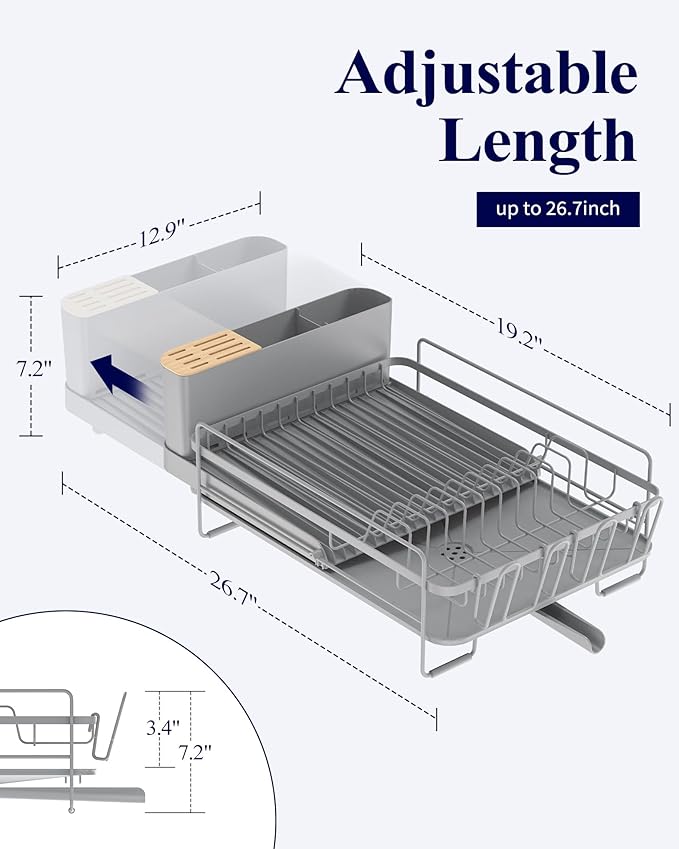 Kitsure Large Dish Drying Rack - Extendable Dish Rack, Multifunctional Dish Rack for Kitchen Counter, Anti-Rust Dish Drainers with Cutlery & Cup Holders 19.2"-26.7" L x 12.9" W, Grey - Image 2