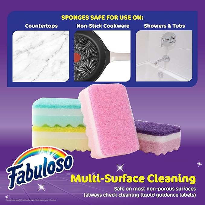 Fabuloso Scratch-Free Kitchen Dish Sponges, Rainbow Cellulose Scrubber Sponge with Scouring Pad for Dishes, Pots, Pans, Counters and Sinks, Tough on Messes, 4.25 x 2.75 x 1.25 in, 4 Count - 2 Pack - Image 6