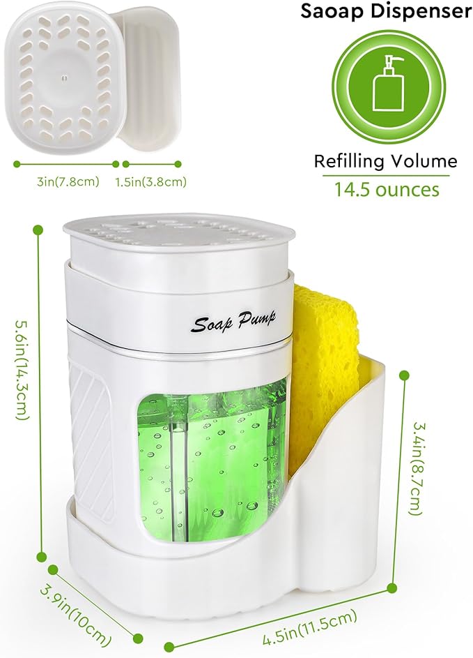 Kitchen Dish Soap Dispenser with Sponge Holder, 3-in-1 Countertop Dishwashing Soap Pump Dispenser Set for Kitchen Sink, Useful Kitchen Gadgets - White - Image 6