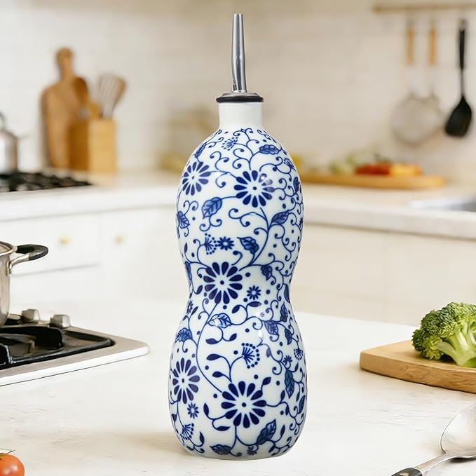 20oz Vintage Ceramic Olive Oil Dispenser Bottle, Gourd Shape Blue and White Porcelain Oil Bottle with Spout and Funnel,Drip-Free Cruet, for Oil, Vinegar, Soy Sauce, Coffee Syrup, Liquids