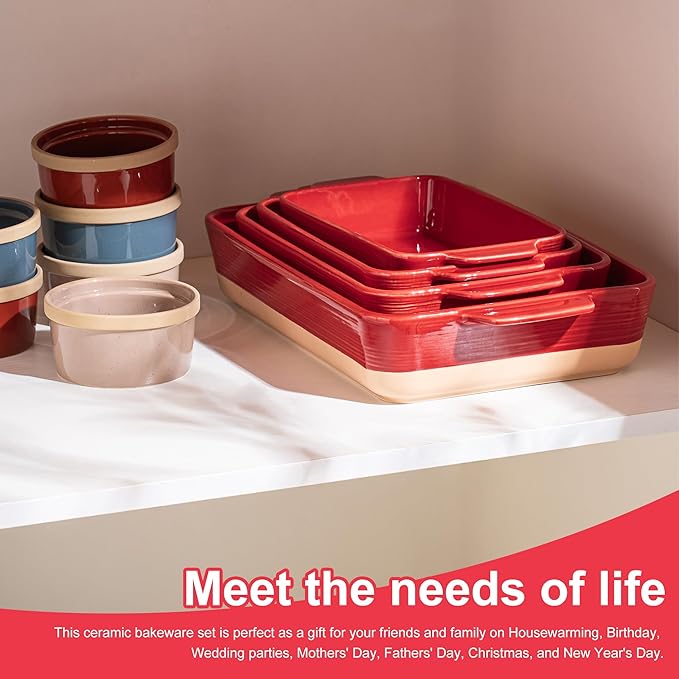 Dafuceramic Casserole Dishes for Oven, Baking Dishes, Ceramic Bakeware Sets of 4, Rectangular Baking Pan Set with Handles for Baking, Casserole, Kitchen, Wedding Gift (Red Yellow) - Image 7