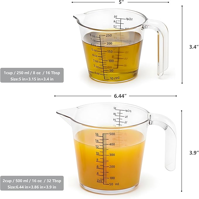 Laser-Etched Measuring Cup Set, 8 oz & 16 oz Clear Plastic Liquid Measuring Cups, Permanent oz/cup/Tbsp/mL Markings, Food-Grade for Baking & Cooking
