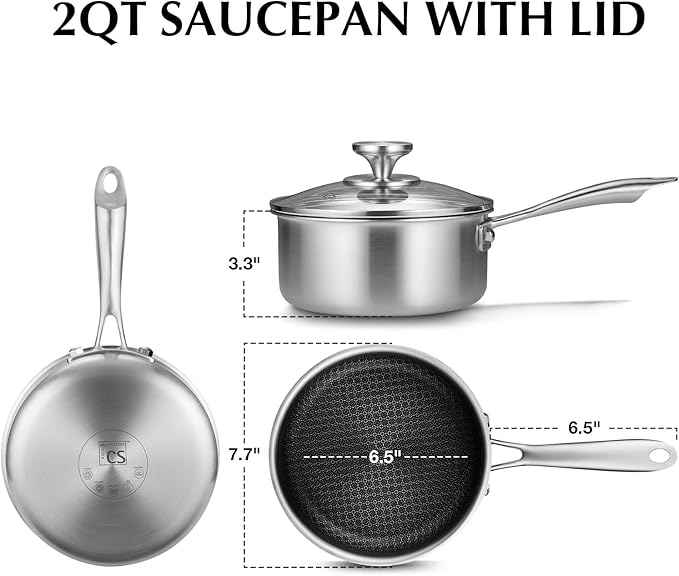KOCH SYSTEME CS Hybrid Nonstick Stainless Steel Saucepan, 2 Quart Tri-Ply Stainless Steel Sauce Pan with Nonstick Honeycomb Interior, Hybrid Sauce Pan with Lid, Small Steel Pot, Induction Compatible - Image 9