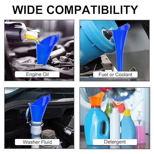 3-Pack Long-Neck Oil Funnels, 11" Multi-Purpose Funnels for Automotive & Motorcycle Use – Reusable Funnel for Oil, Gas & Transmission Fluid (Blue)