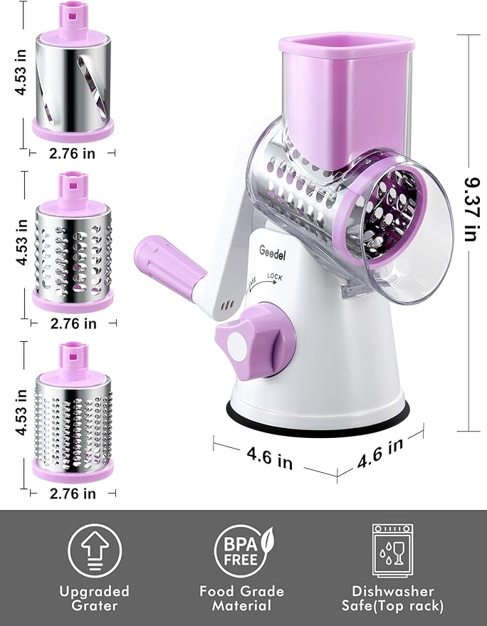 Geedel Rotary Cheese Grater, Kitchen Mandoline Vegetable Slicer with 3 Interchangeable Blades, Easy to Clean Rotary Grater Slicer for Fruit, Vegetables, Nuts - Image 9