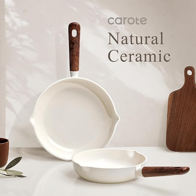 CAROTE Nonstick Frying Pans Skillets, Ceramic Coating Non-Stick Frying Pans Set, 5 PCS, Non-toxic Healthy & PFOA Free, Induction Compatible, 8+9.5+11 Inch with Colander Lid and Spatula, Cream White - Image 7