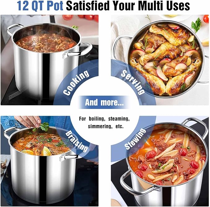 P&P CHEF 12 QT Stock Pot with Lid, Stainless Steel Large Cooking Pot, Soup Canning Stockpot for Stewing Simmering, Tri-ply Bottom for All Stoves, Heavy-Duty &Dishwasher Safe & Food-Grade - Image 7