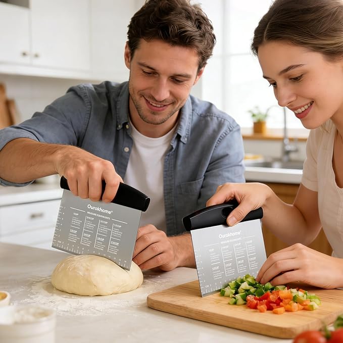 Ourokhome 2 Pack Bench Scraper Dough Cutter, Stainless Steel Dough Scraper with Laser-Etched Scale, Conversion Chart, Non-Slip Handle, Dishwasher Safe for Bread & Pastry, Black - Image 8