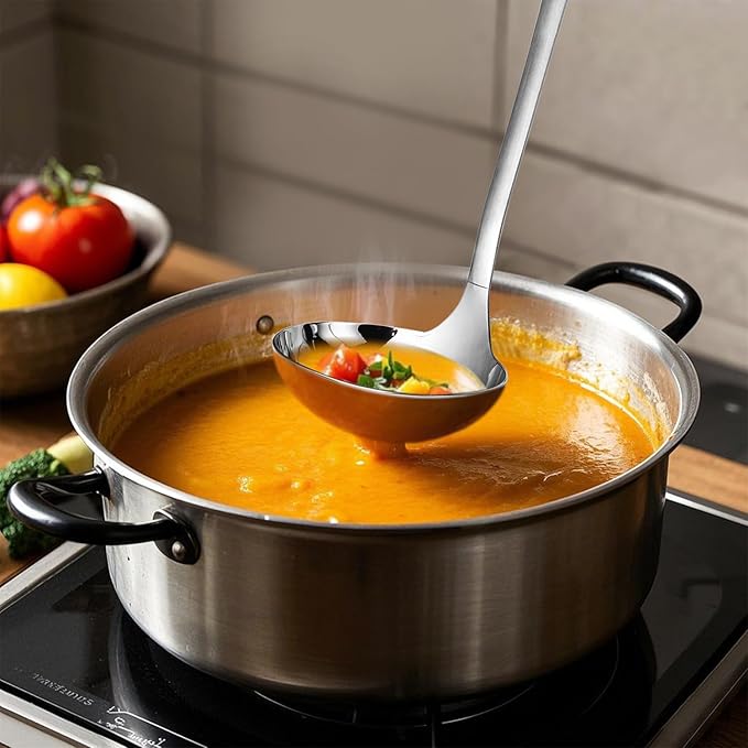 HIFIND Cooking Spoon 12.2 Inches Kitchen Stainless Steel Round Ladle, Heavy-Duty, Heat Resistance, Rust-Resistant Kitchen Ergonomic Handle for Chefs Serving Soups, Stews