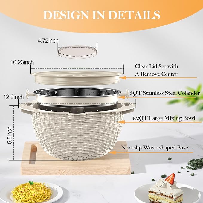 4-1 Colander with Bowl Set, Food Strainers and Colanders, Fruit Washing Bowl with Strainer, Rotatable Colander for Kitchen, Aesthetic Kitchen Gadget, Christmas & New Year Gifts - Beige - Image 7