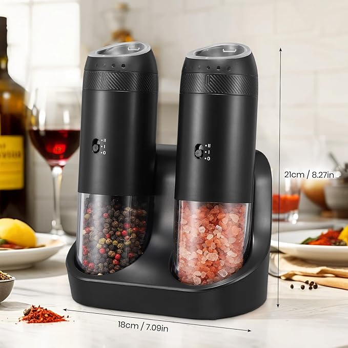 Rechargeable Gravity Electric Salt Grinder Set with Variable Grinding Speed, External Adjustable Coarseness, External Adjustable Coarseness, Charging Base and White LED Light,Black - Image 9