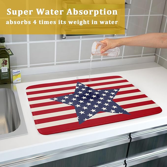 Blue Star Patriotic July of 4th Dish Drying Mat for Kitchen Counter 18x24 Independence Day Red Striped Absorbent Reversible Microfiber Drying Mats Kitchen Countertop Protector Dishes Drainer Rack Pad - Image 7