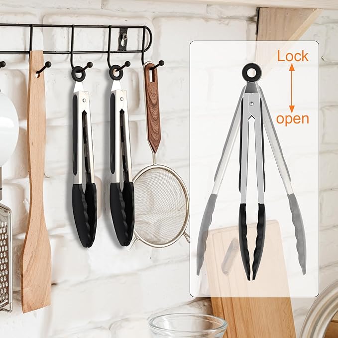 Premium Stainless Steel Heat Resistant Kitchen Tongs for cooking,set of 9" and 9" (Black),Non Scratch Silicone cooking Tong Tip for Cooking Pans,Strong Grip BBQ tongs for Grabbing Hot Food - Image 7