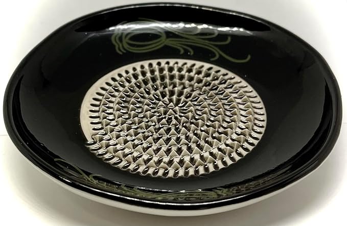 BonCera, All-in-one Premium Ceramic Garlic Grater Plate 4-Piece Set - Black Garlic Design - for Garlic, Ginger, Chocolate, and More! - Comes with 5.25" Plate, Peeler, Brush, and Stand