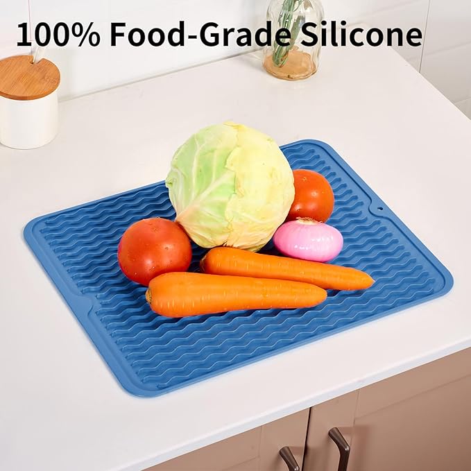 ZLR Silicone Dish Drying Mat & Heat Resistant Trivet (12" x 16") - Waterproof Counter Protector for Air Fryer, Coffee Maker - Non-Slip, BPA Free Kitchen Pad, Easy Clean Dishwasher Safe (Lichen Blue) - Image 9