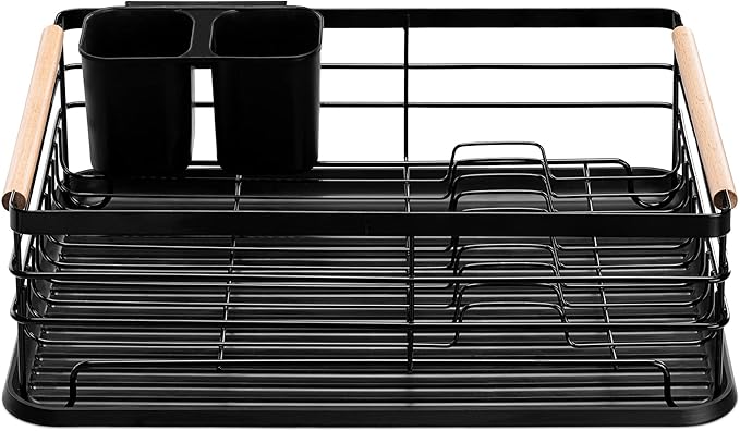 Navaris Dish Drainer Rack - Plate, Silverware, Pots and Pans Drying Rack for Kitchen with Beechwood Handles - Modern Retro Design Drip Tray - Black - Image 7