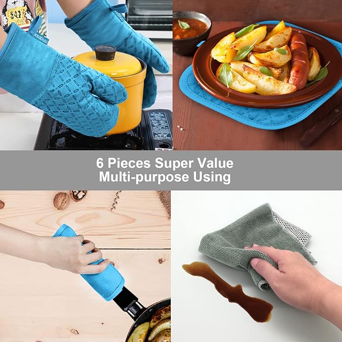 KEGOUU Oven Mitts and Pot Holders 6pcs Set, Kitchen Oven Glove High Heat Resistant 500 Degree Extra Long Oven Mitts and Potholder with Non-Slip Silicone Surface for Cooking (Sky Blue) - Image 7