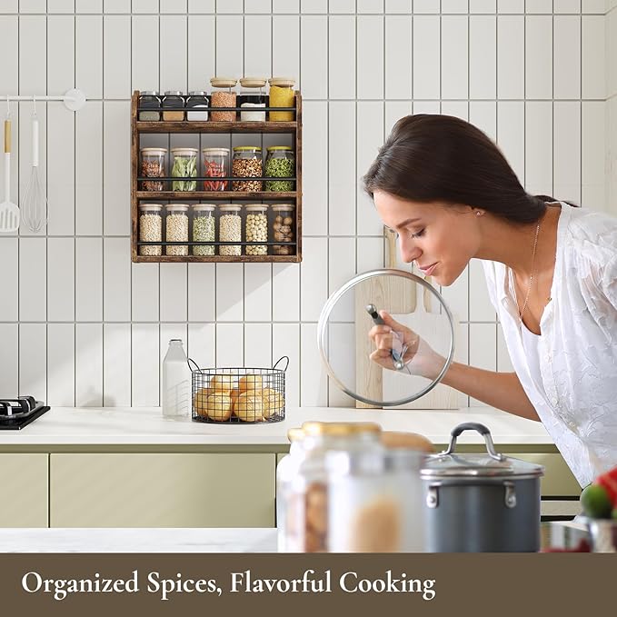 Spice Rack Wall Mounted, Wood 3 Tier Spice Rack for Countertop, Vertical Spice Organizer for Spice Jars and Seasonings, Hanging Spice Shelf for Kitchen Cabinet, or Pantry, Rustic Brown - Image 8