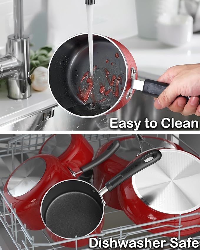 Cook N Home Non Stick Sauce Pan, 1 Quart Saucepan with Glass Lid, Nonstick Small Multi-purpose Pot, Milk Chocolate Aluminum Cooking Pot Pan with Stay-Cool Handle, Marble Red - Image 6