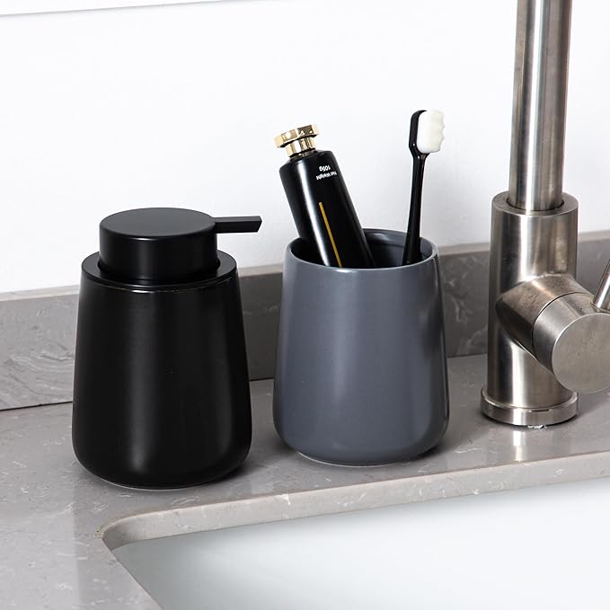 Enra Grey Soap Dispenser,12 oz Ceramic Hand Lotion Dispenser, Refillable Dish Soap Dispenser,Modern Liquid Soap Dispenser for Bathroom,Kitchen with Easy-to-Press Pump (Liquid-Gray)