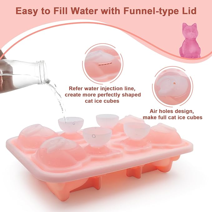 3D Cat Ice Cube Mold Silicone Large Ice Cube Tray with Lid for Cocktail Whiskey Bourbon, Fun Shapes Ice Cube Trays for Freezer, Big Ice Molds Cute Cat Gifts for Women Cats Lovers