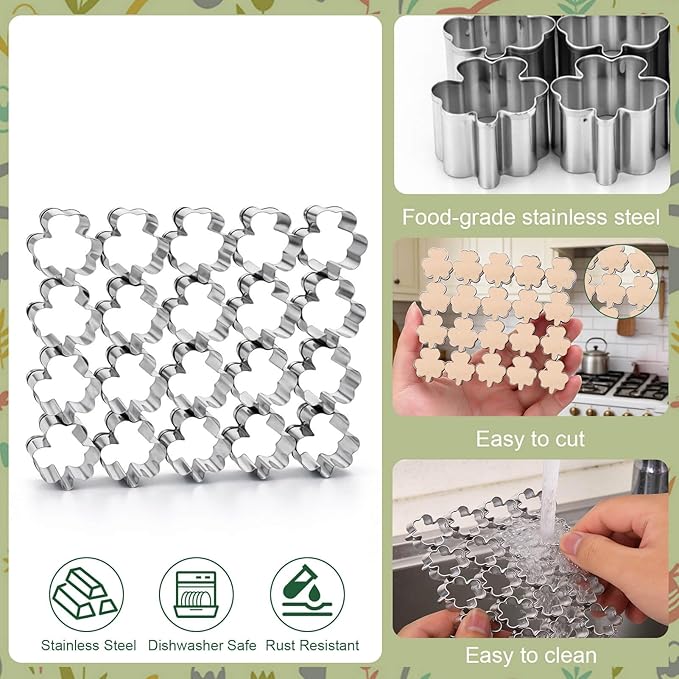 AIERSA Mini Shamrock Cookie Cutter,St Patricks Day Cookie Cutters,1 Inch Tiny Clover Shaped Cracker Cutter,20 Cavity Metal Stainless Steel Small Shamrock Cookie Cutters