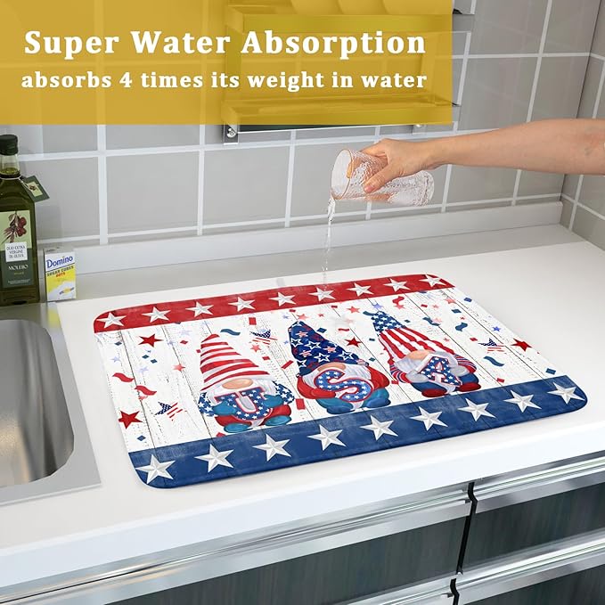 Giwawa 4th of July Gnomes Dish Drying Mat 18x24 inch Patriotic Elf Usa Stars Dish Drainer Mats Independece Day Large Microfiber Dish Drying Pad for Kitchen Countertop Holiday Decor