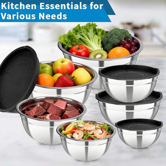 7-Piece Mixing Bowls with Airtight Lids — Stackable Stainless Steel Nesting Bowls, 7 Sizes (0.7Qt–4.5Qt), Space Saving for Kitchen, Dishwasher Safe & BPA-Free