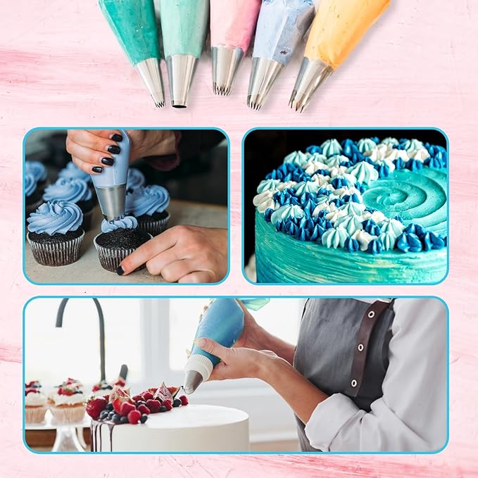 Riccle Piping Bags and Tips Set, 11.8 Inch 100 Anti Burst Piping Bags, 124 Pcs Cake Decorating Kit with 16 Piping Tips, 1 Reusable Pastry Bags, 3 Cake Scrapers, 2 Couplers, and 2 Icing Bags Ties - Image 7