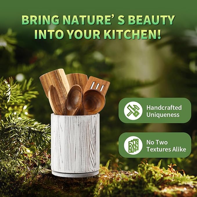 Wooden Utensil Holder, 360°Rotating 7.3'' Large Utensil Holder for Kitchen Counter, Kitchen Utensil Organizer, Utensil Crock, Farmhouse Kitchens Countertop Decor, Distressed White - Image 7